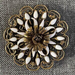 Vintage Lotus Flower Brooch Gold Tone Filigree White Enamel Layered Figural Pin